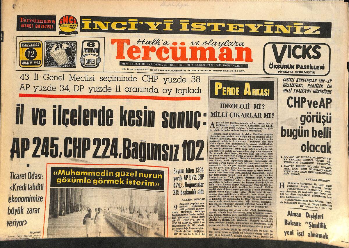 Tercüman Gazetesi 12 Aralık 1973 - CHP Ve AP Görüştü Bugün Belli Olacak! - Gülali Özbey Merkez Ceza Kuruluna Verildi! GZ145787 - 1