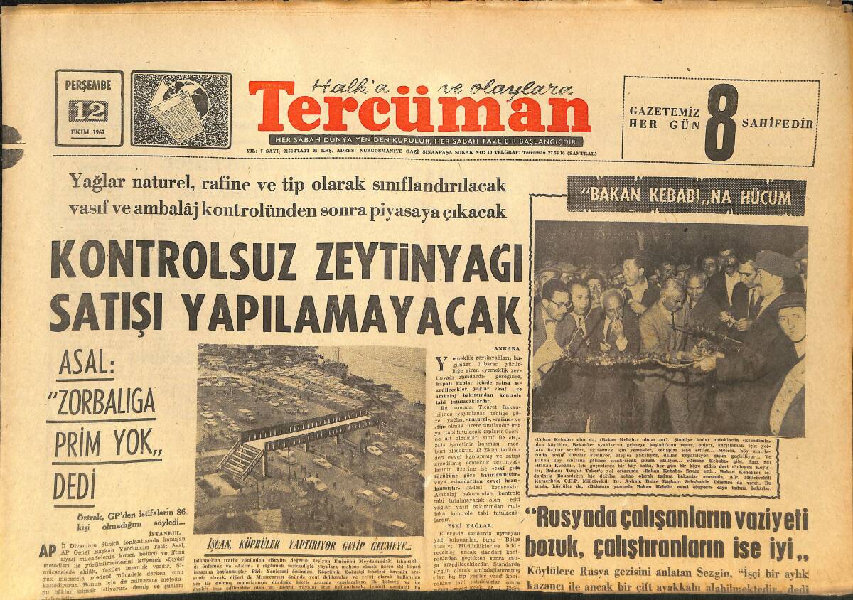 Tercüman Gazetesi 12 Ekim 1967 - Almanya'daki Türk İşçileri: Kalkınma Hızlı, Kıbrıs Yavaş - Kontrolsüz Zeytinyağı Satışı Yapılmayacak! GZ145851 - 1