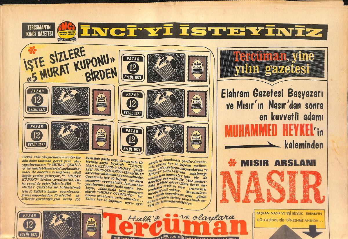 Tercüman Gazetesi 12 Eylül 1971 - Ünlü İtalyan Yıldızı Pier Angeli Evinde Ölü Bulundu - Başkan Nasır Ve Eşi Büyük Ehram'ın Gölgesinde Bir Dinleme Anı GZ145598 - 1