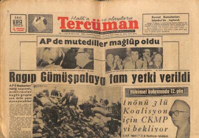Tercüman Gazetesi 12 Haziran 1962 - Ragıp Gümüşpalaya Tam Yetki Verildi GZ117471 - 1