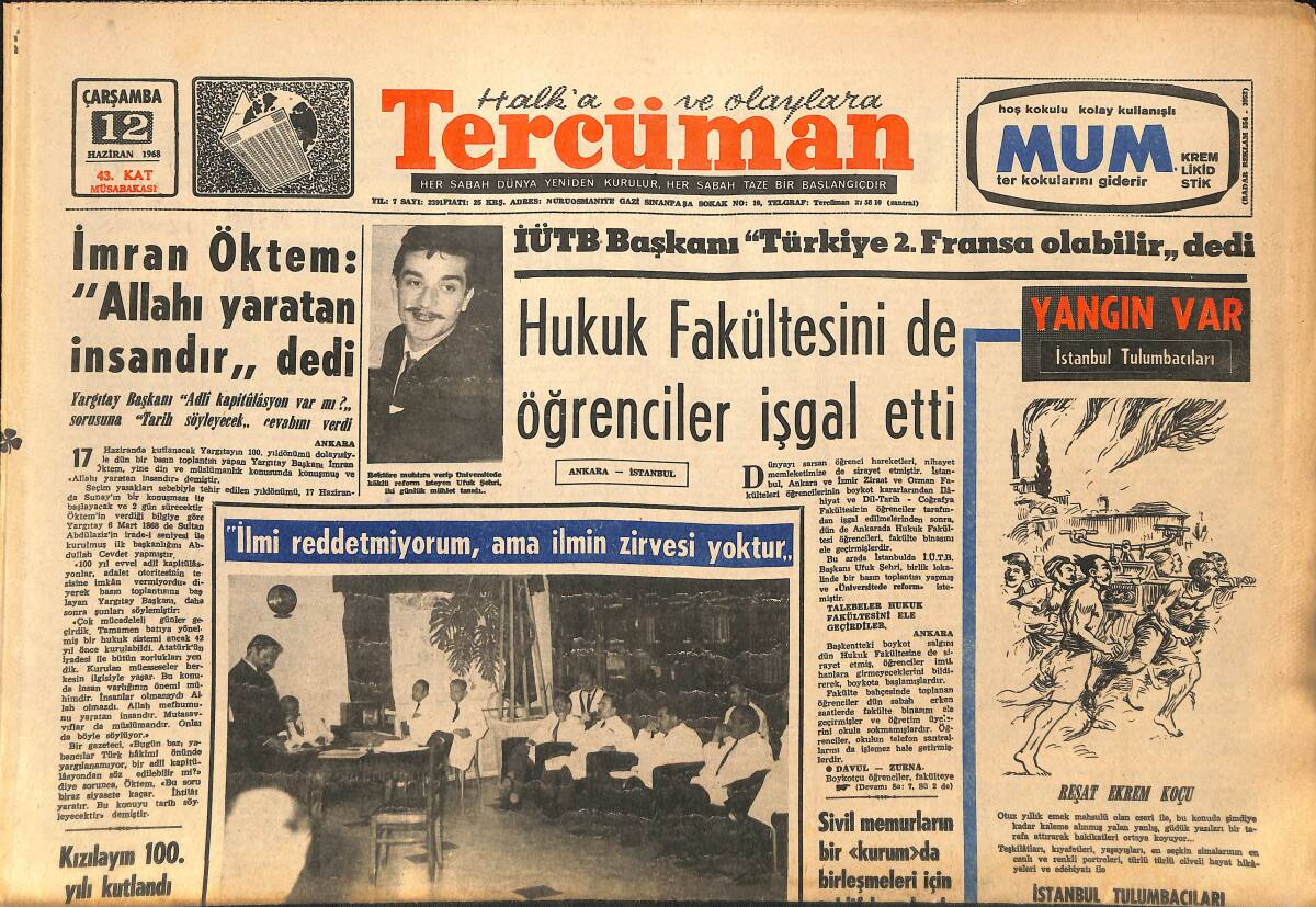 Tercüman Gazetesi 12 Haziran 1968 - Selden Burdur'da 20 Ev Yıkıldı - İmran Öktem : '' Allah'ı Yaratan İnsandır '' dedi GZ141465 - 1