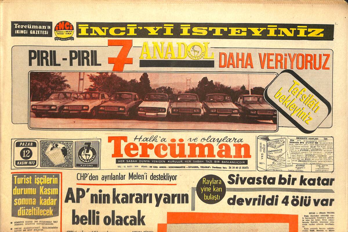 Tercüman Gazetesi 12 Kasım 1972 - Sivas'ta Bir Katar Devrildi 4 Ölü Var - AP'nin Kararı Yarın Belli Olacak GZ144225 - 1