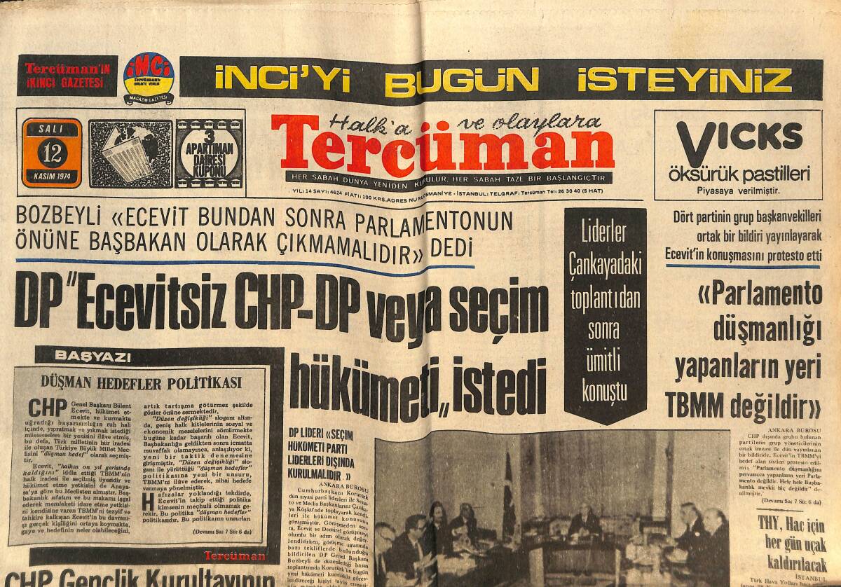 Tercüman Gazetesi 12 Kasım 1974 - DP Ecevitsiz CHP-DP Veya Seçim Hükümeti İstedi! - Cemal Kamacı: İtalyan'ı Tek Elle Nakavt Ettim! GZ146263 - 1