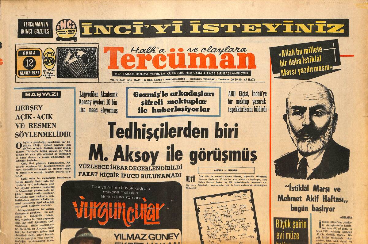 Tercüman Gazetesi 12 Mart 1971 - Deniz Gezmiş İle Arkadaşları Şifreli Haberleşiyorlar! - Yılmaz Güney Vurguncular Film! GZ145742 - 1