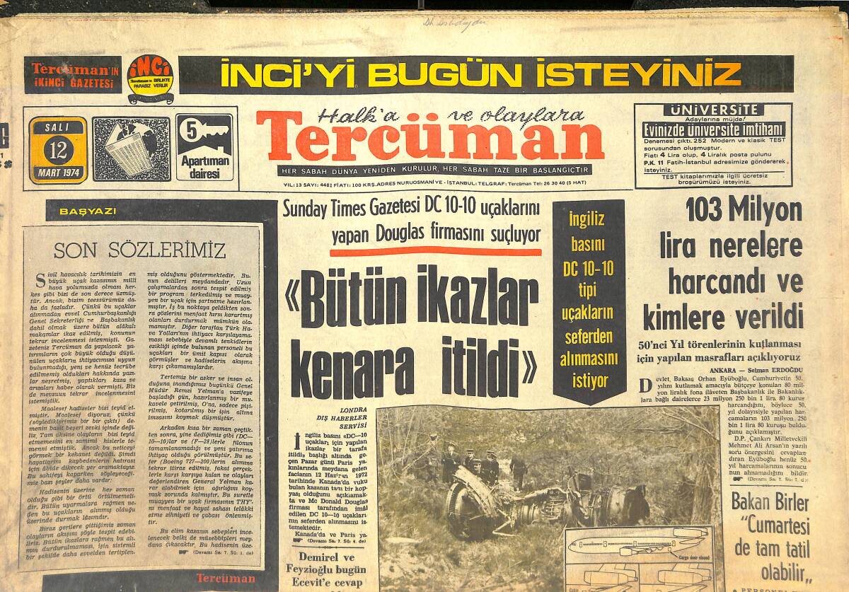 Tercüman Gazetesi 12 Mart 1974 - Asrın Soygunu Ve Kaçak - Fenerbahçe Şampiyonluğa İyi Futbol İle Yaklaşıyor GZ144318 - 1