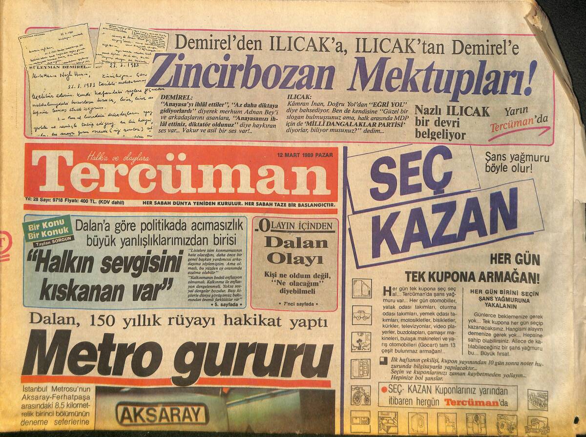 Tercüman Gazetesi 12 Mart 1989 - Semra Özal 8. Lider - Koca Şampiyon Ne Hale Geldi, Trabzonspor'u Sıra Takımı Yaptılar GZ133912 - 1