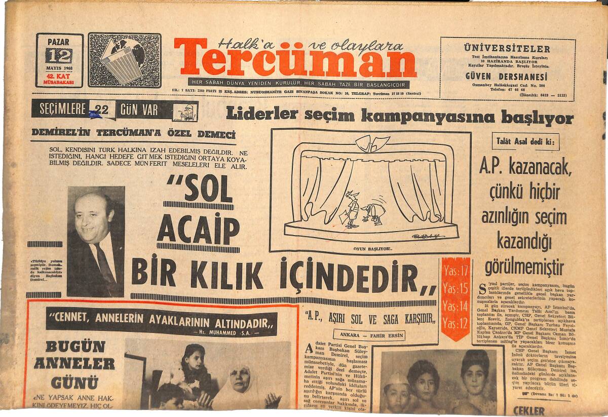 Tercüman Gazetesi 12 Mayıs 1968 - AP Kazanacak Çünkü Hiçbir Azınlığın Seçim Kazandığı Görülmemiştir GZ144803 - 1