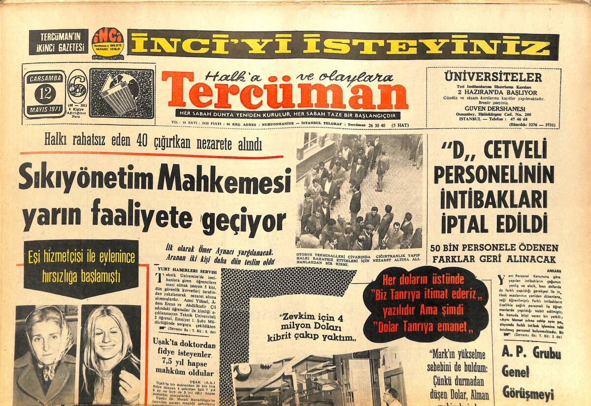 Tercüman Gazetesi 12 Mayıs 1971 - Sıkıyönetim Mahkemesi Yarın Faaliyete Geçiyor - Arif Işıldayan Evlendi GZ141788 - 1