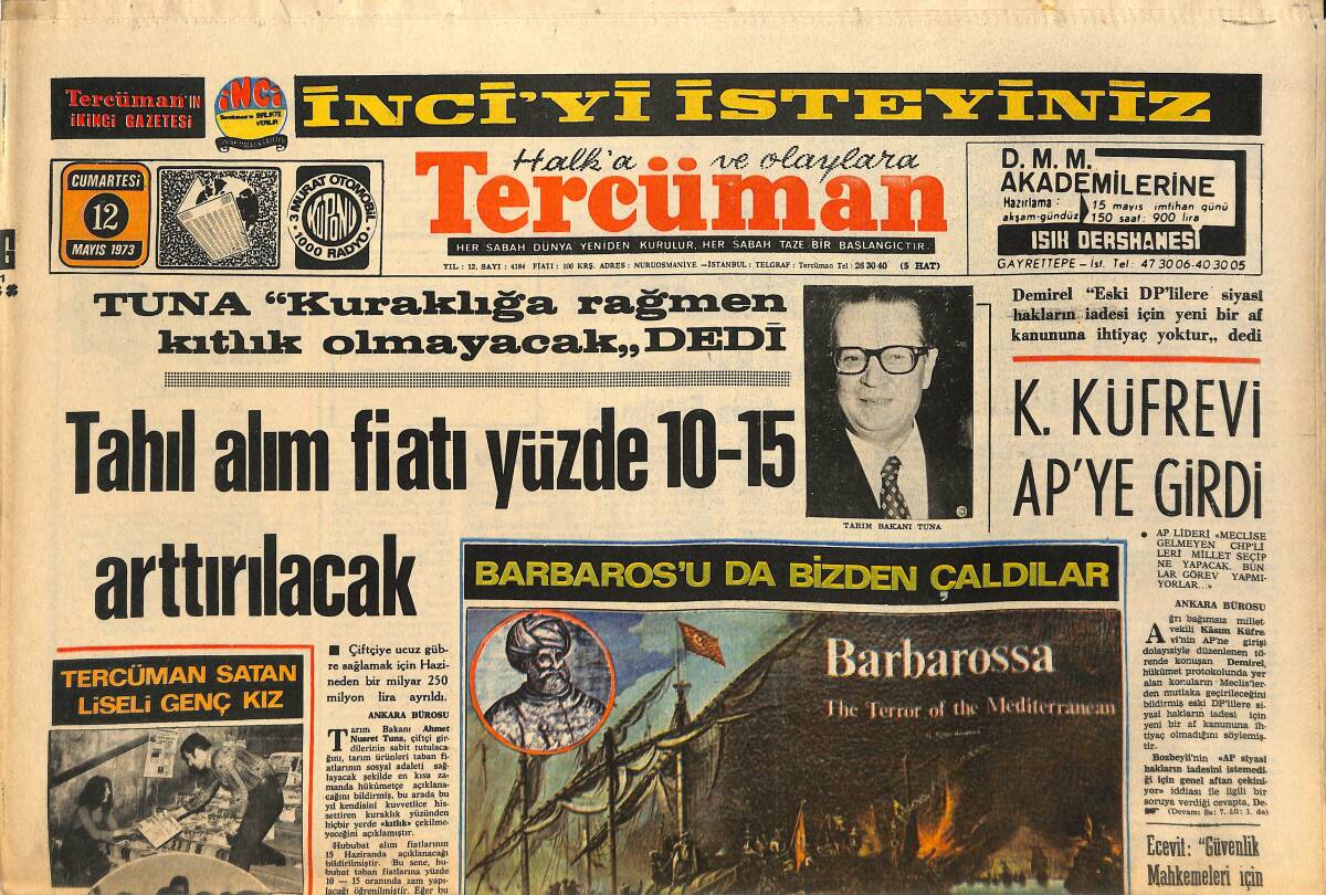 Tercüman Gazetesi 12 Mayıs 1973 - Yunanlılar Preveze Kahramanının Rum Olduğunu İddia Ediyor - K.Küfrevi AP'ye Girdi GZ145074 - 1