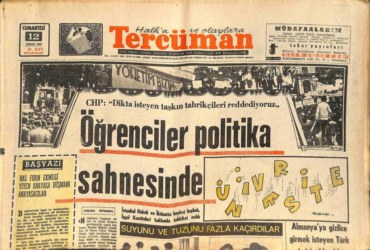 Tercüman Gazetesi 12 Nisan 1969 - Almanya'ya Gizlice Girmek İsteyen Türk İşçisi Öldürüldü - Opera 4 Gala İle Açılıyor GZ145857 - 1