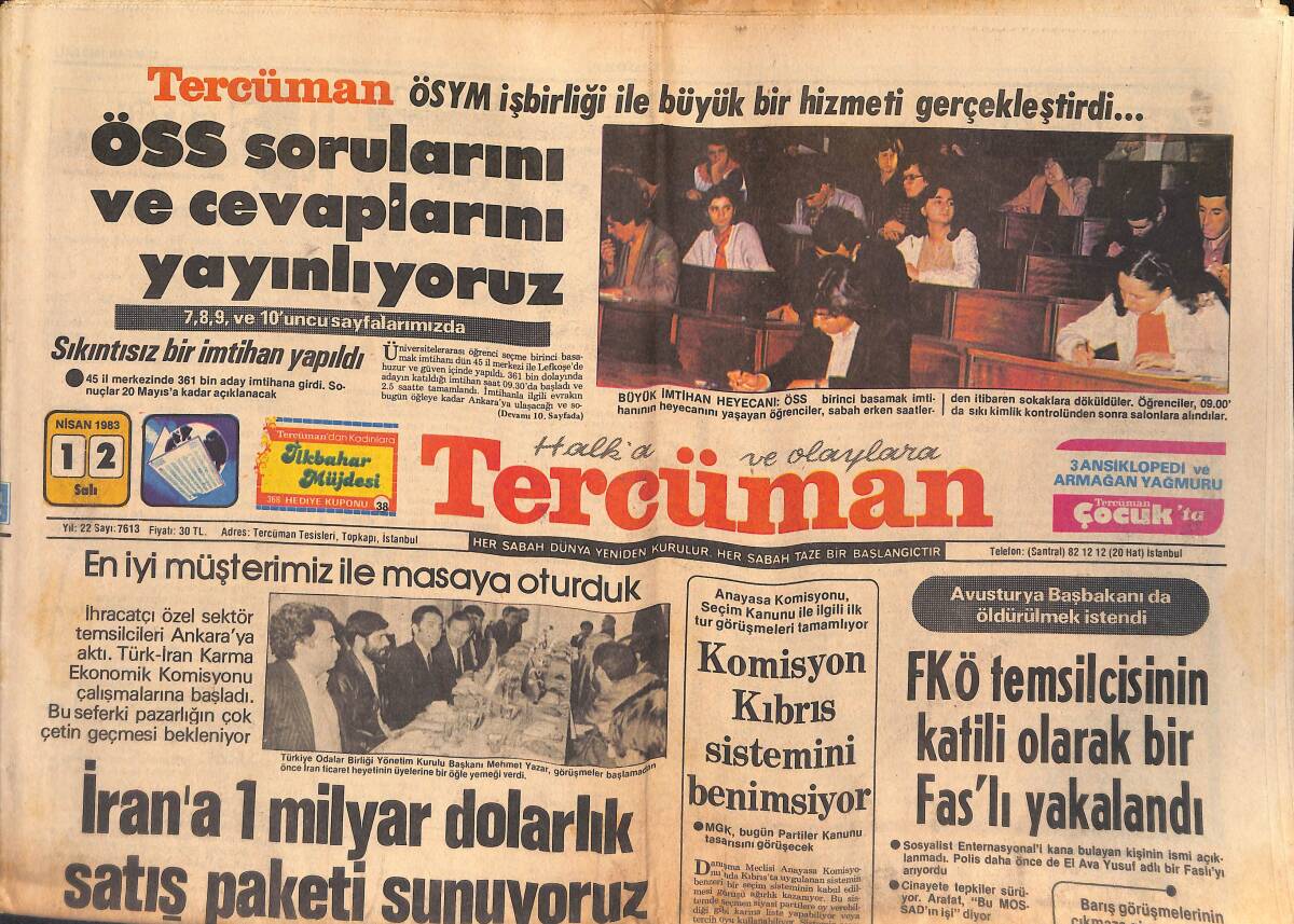 Tercüman Gazetesi 12 Nisan 1983 - 5 Kuruşluk Kaime Bin Liraya Satıldı - İran'a 1 Milyar Dolarlık Satış Paketi Sunuyoruz GZ134430 - 1