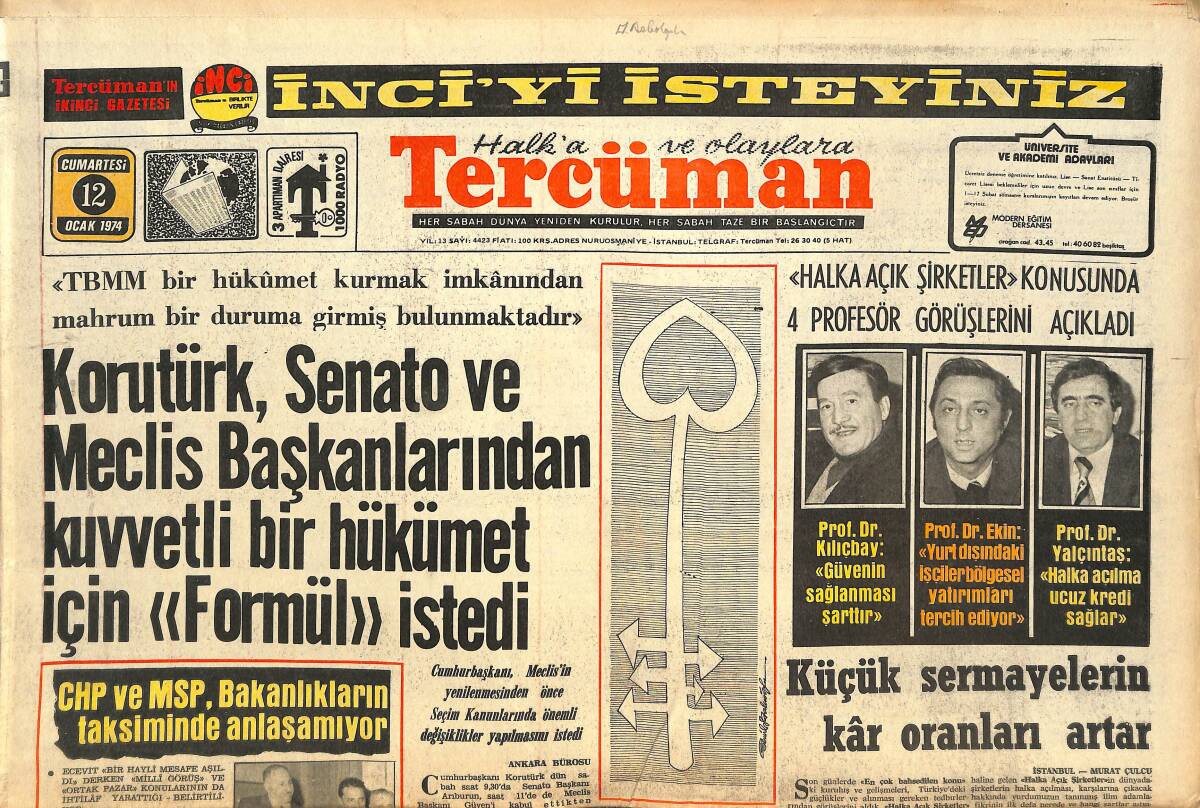 Tercüman Gazetesi 12 Ocak 1974 - Roma Katliamını Yapanlardan Biri Türk - General Fevzi Uçaner'in Eşi Ölü Olarak Bulundu GZ144527 - 1