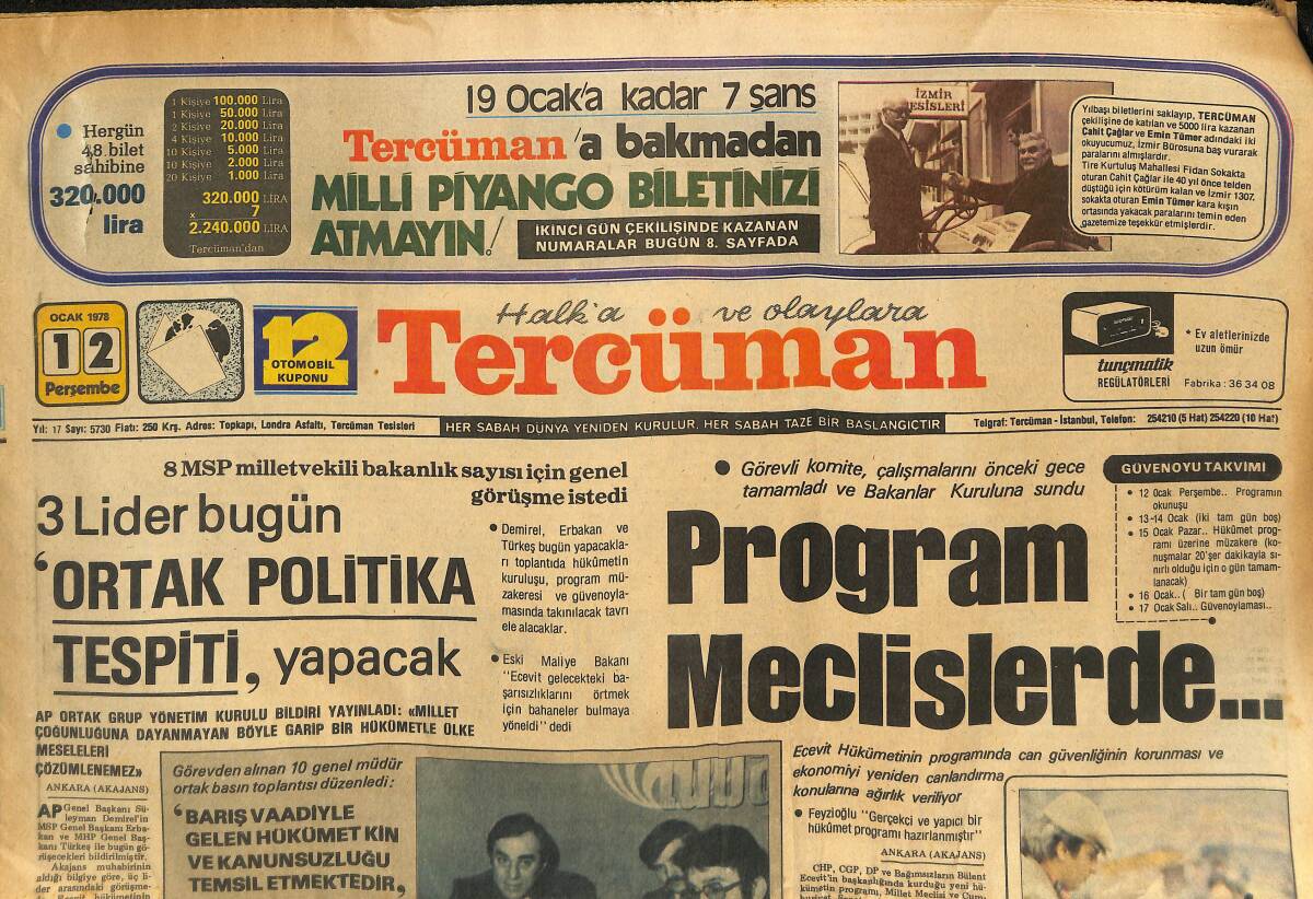 Tercüman Gazetesi 12 Ocak 1978 - 3 Lider Bugün Ortak Politika Tespiti Yapacak - Trabzonspor İçin İstanbul Deplasman Değil GZ133924 - 1