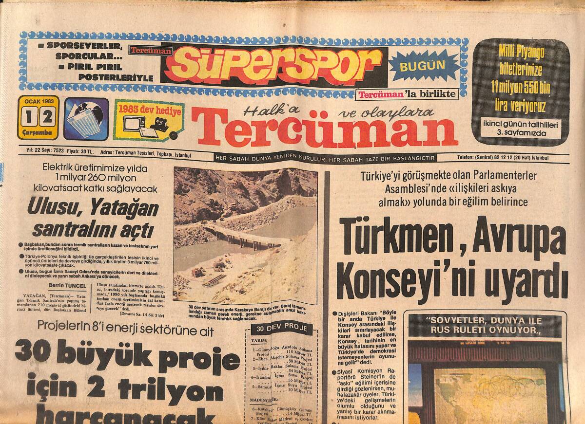 Tercüman Gazetesi 12 Ocak 1983 - Ulusu , Yatağan Santralını Açtı - Türkmen , Avrupa Konseyi'ni Uyardı GZ134464 - 1