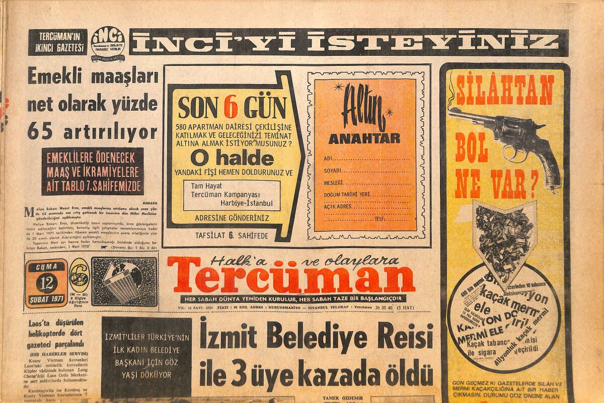 Tercüman Gazetesi 12 Şubat 1971 - İzmit Belediye Reisi İle 3 Üye Kazada Öldü - Tofaş Fabrikası Bugün Açılıyor - Fransa'da Türk İşçileri GZ146213 - 1