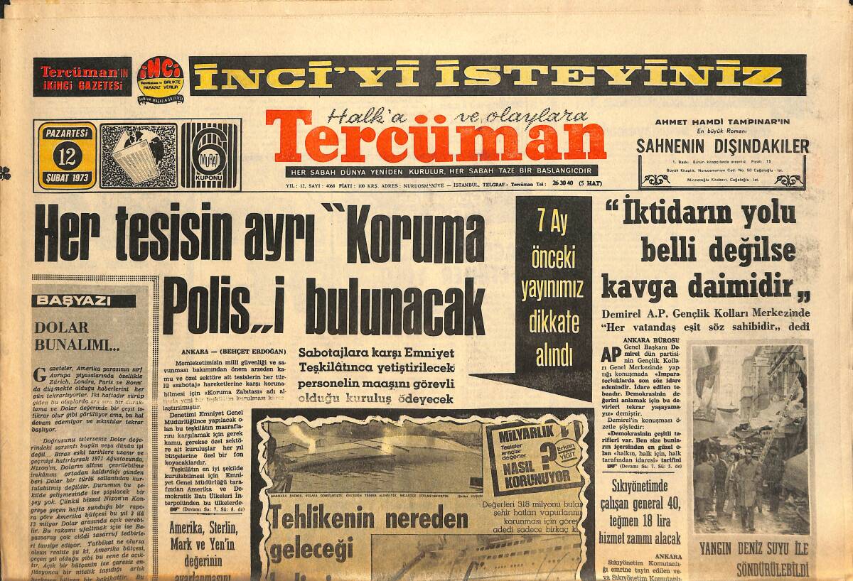 Tercüman Gazetesi 12 Şubat 1973 - Kıbrıs'ta Bir Karakol Havaya Uçuruldu - Yanıkyan Davası İlgilileri Susuyor - Samsun Beşiktaş'a Göz Açtırmadı GZ146405 - 1