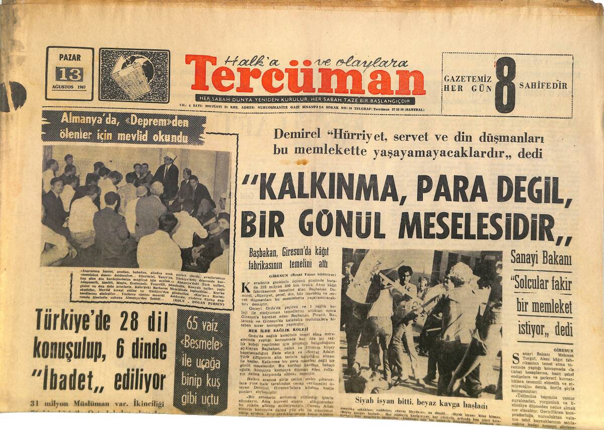 Tercüman Gazetesi 13 Ağustos 1967 - Ve Ölüm Kurası İhsan Bucak'a Çıktı! - Akşam Gazetesinde Grev Kararı Alındı! GZ145219 - 1