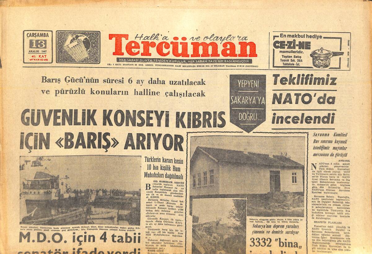 Tercüman Gazetesi 13 Aralık 1967 - Muhammed Ali Clay: İslam Dininden Beni Kimse Ayıramaz - Güvenlik Konseyi Kıbrıs İçin Barış Arıyor GZ142094 - 1