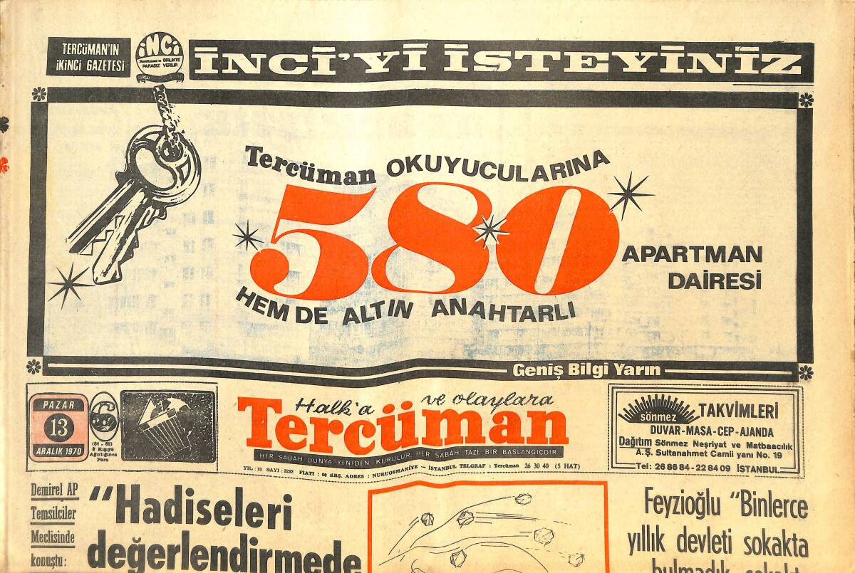 Tercüman Gazetesi 13 Aralık 1970 - Ülkü Ocakları Yürüyüşü Olaysız Geçti - Anadolu'da Kar Devam Ediyor GZ144552 - 1