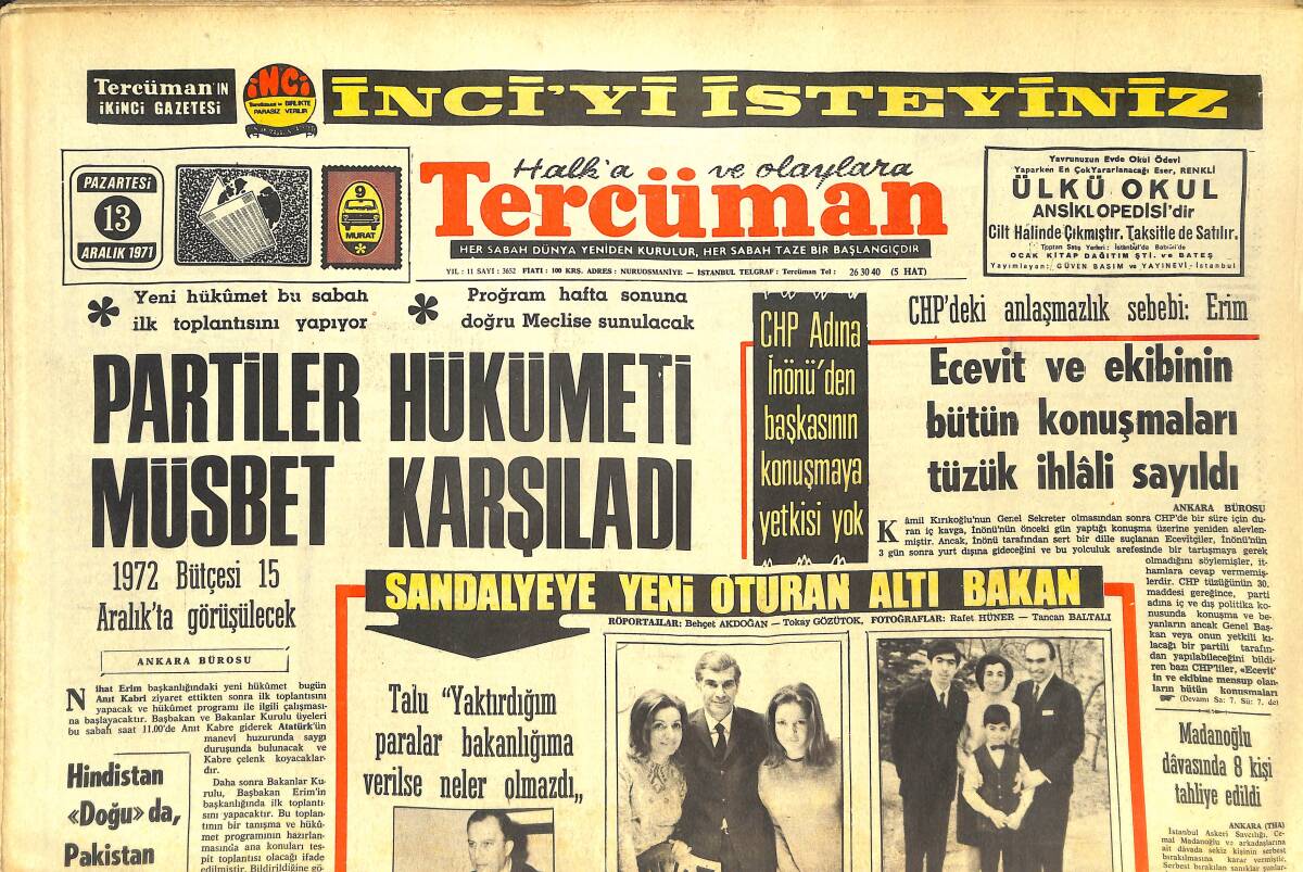 Tercüman Gazetesi 13 Aralık 1971 - Ecevit Ve Ekibinin Bütün Konuşmaları Tüzük İhlali Sayıldı GZ144326 - 1
