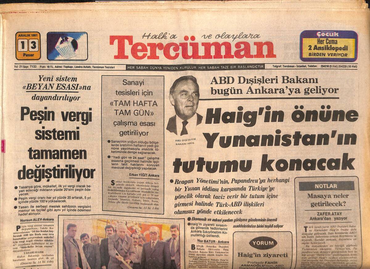 Tercüman Gazetesi 13 Aralık 1981 - Muhammed Ali Clay Berbick'e Sayı İle Yenildi - Haig'in Önüne Yunanistan'ın Tutumu Konacak GZ147164 - 1