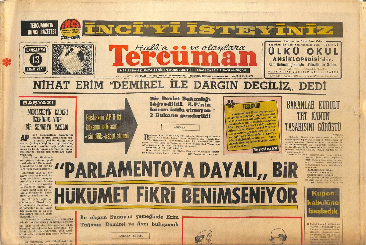 Tercüman Gazetesi 13 Ekim 1971 - İran'ın 2500. Yılı İçin Topkapı'da Sergi Açıldı - Sunay , Agnew'i Kabul Etti GZ145377 - 1