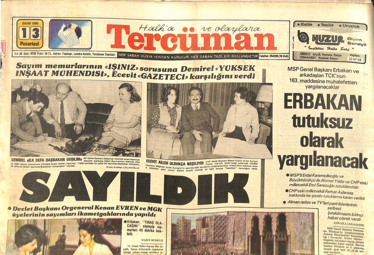 Tercüman Gazetesi 13 Ekim 1980 - Erbakan Tutuksuz Olarak Yargılanacak - Türk Lirası Yeniden Ayarlandı GZ3774 - 1