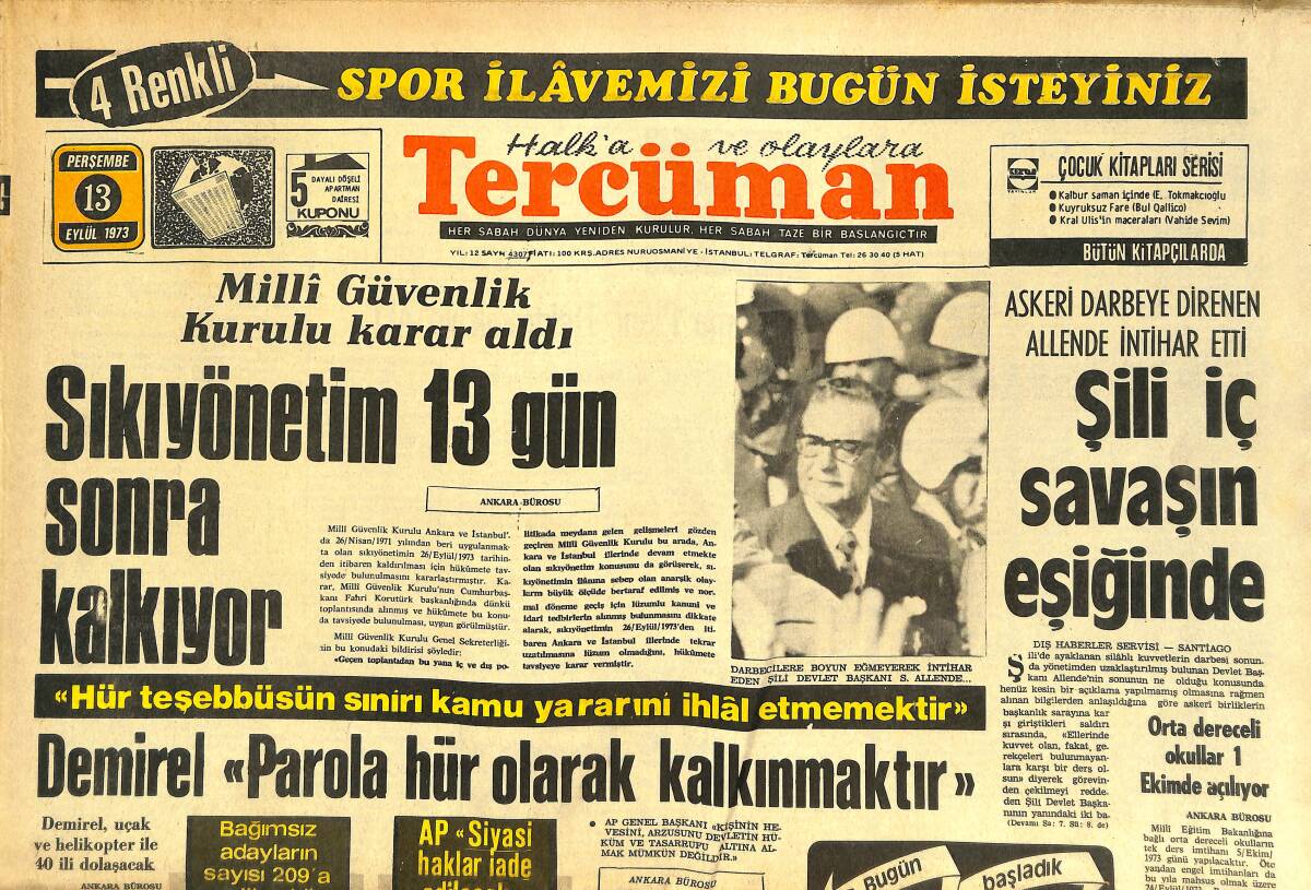 Tercüman Gazetesi 13 Eylül 1973 - Sıkıyönetim 13 Gün Sonra Kalkıyor - Galatasaray Madrid'ten Önce Ankara'da GZ144562 - 1