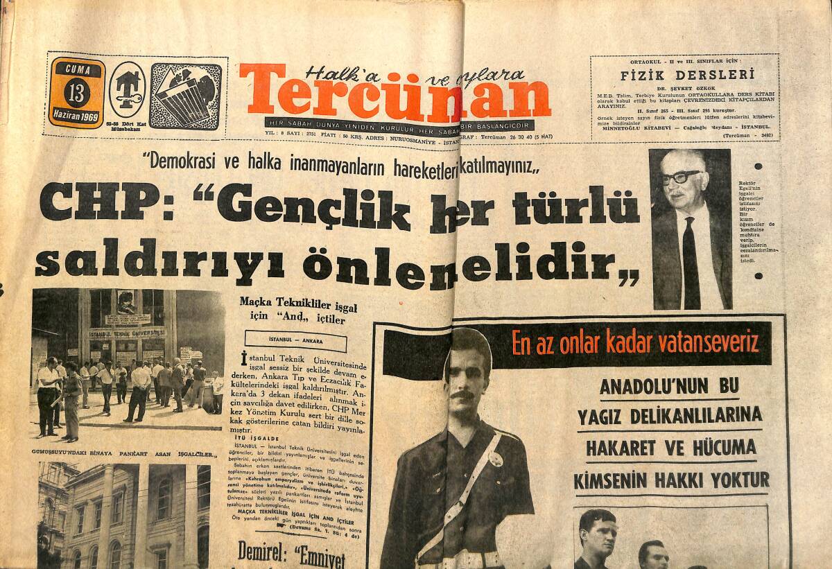 Tercüman Gazetesi 13 Haziran 1969 - CHP: Gençlik Her Türlü Saldırıyı Önlemelidir - Meclis İle Senato Bugün Toplanacak! - Kanlı Maç İçin Tahkikat GZ140564 - 1