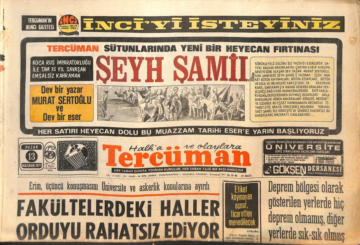 Tercüman Gazetesi 13 Haziran 1971 - Tabanca Taşıyan Artist Uğur Güçlü Tevkif Edildi - Fakültelerdeki Haller Orduyu Rahatsız Ediyor GZ141544 - 1