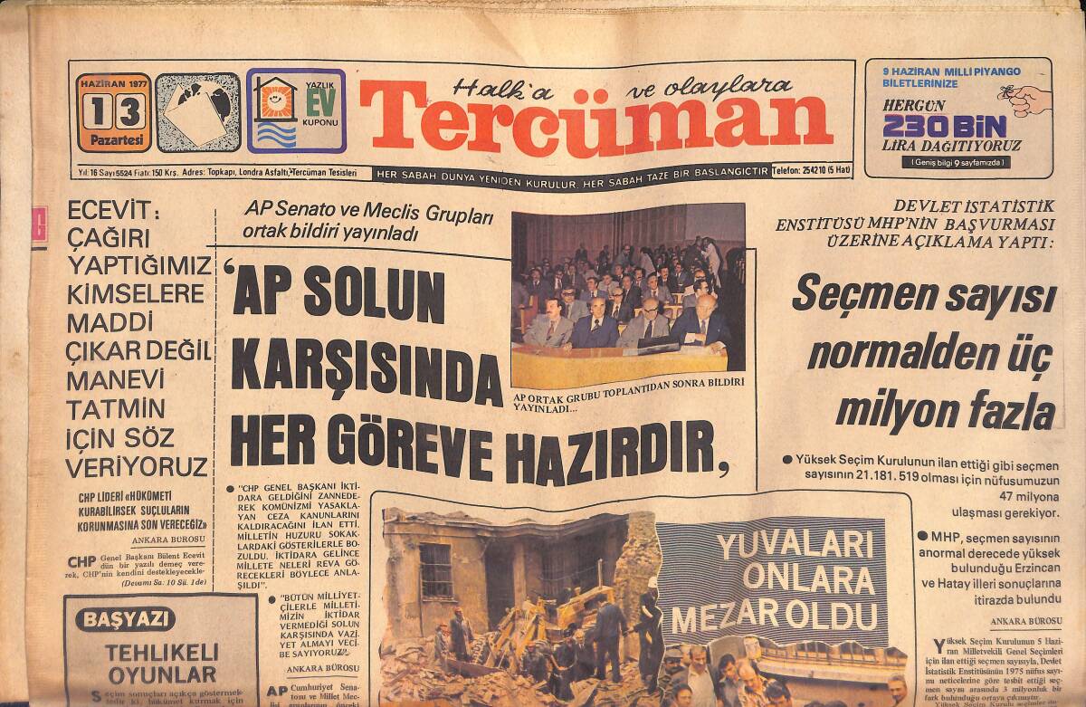 Tercüman Gazetesi 13 Haziran 1977 - Türkiye Büyükelçisinin Öldürüldüğü Yerin Yakınlarında Tabanca Ve 2 Sarjör Ele Geçirildi - 5 Katlı Bina Çöktü GZ132496 - 1