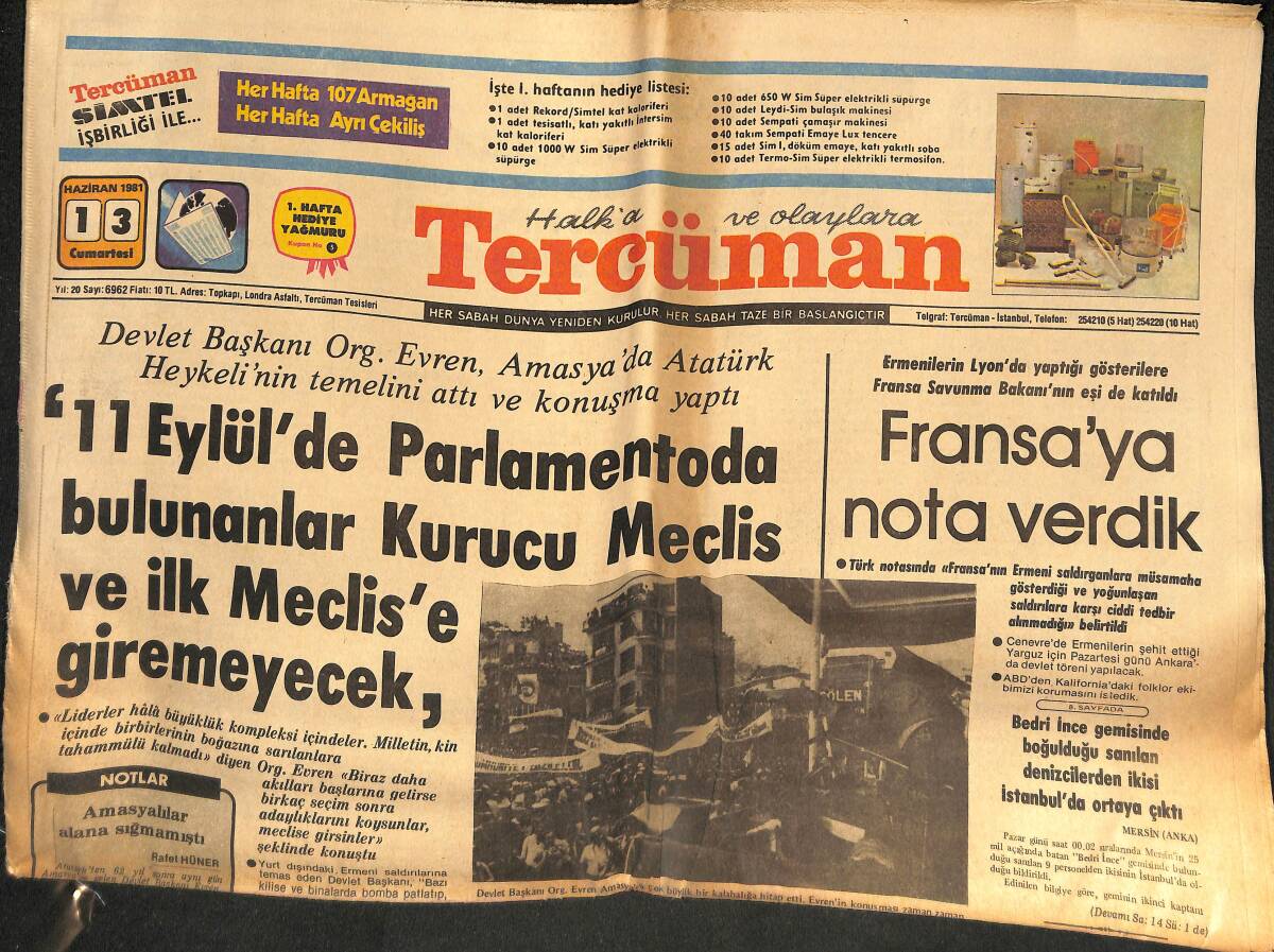 Tercüman Gazetesi 13 Haziran 1981 - Fransa'ya Ayar Verdik - Bülent Ersoy'un Sahneye Çıkması Engellenemez - İran'da Deprem'de Ölü Sayısı 5 Bini Aştı GZ133305 - 1