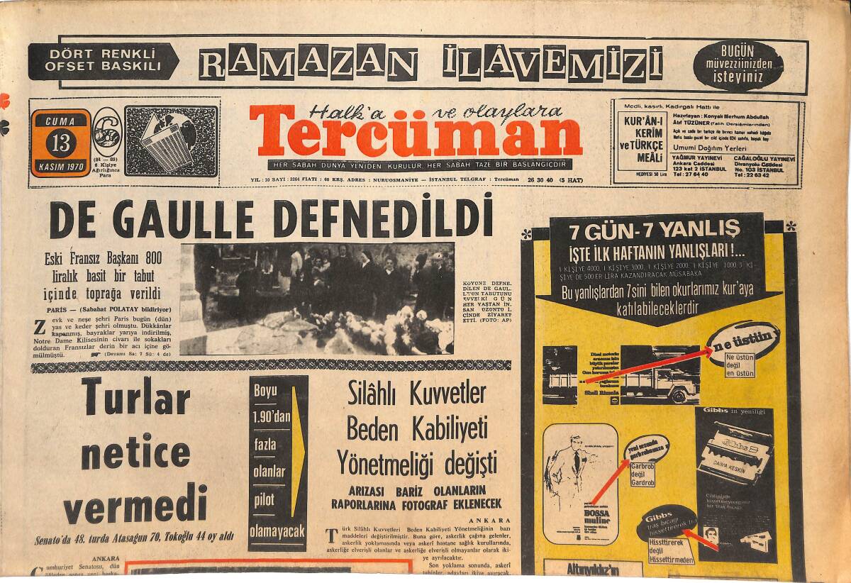 Tercüman Gazetesi 13 Kasım 1970 - De Gaulle Defnedildi - Hakkı Sözen, İngiliz'i Sayı Hesabıyla Yendi! GZ144754 - 1