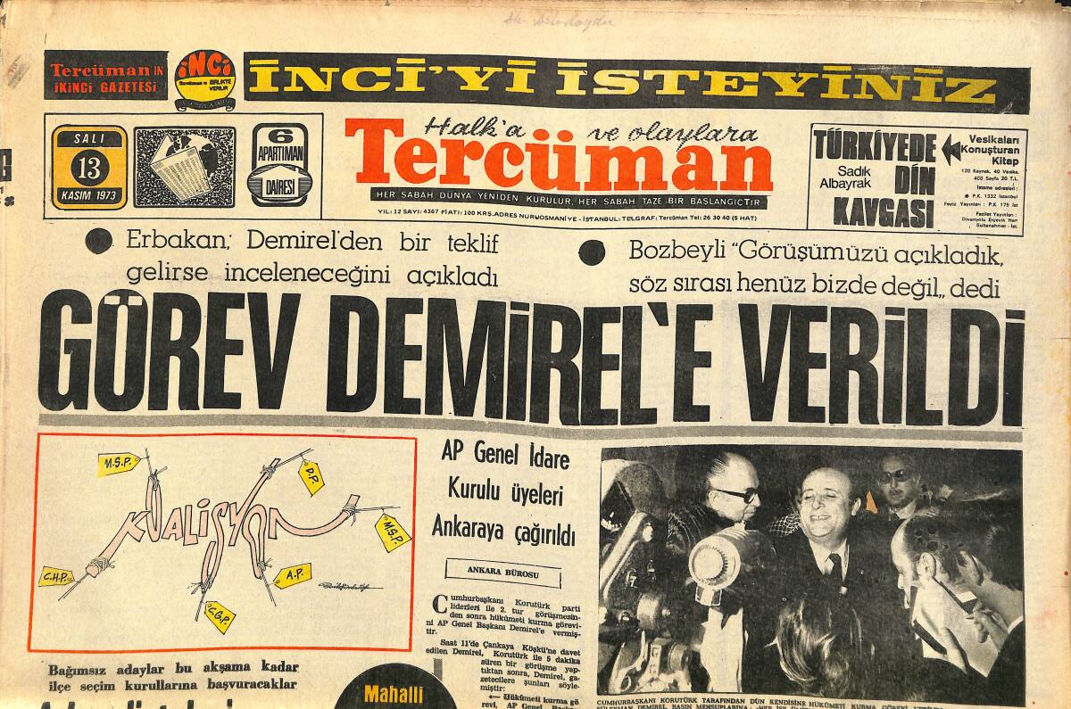Tercüman Gazetesi 13 Kasım 1973 - Görev Demirel' Verildi - Düğüne Bir Gün Kala Prenses Anne'in Gelinliği Hala Sır GZ141436 - 1