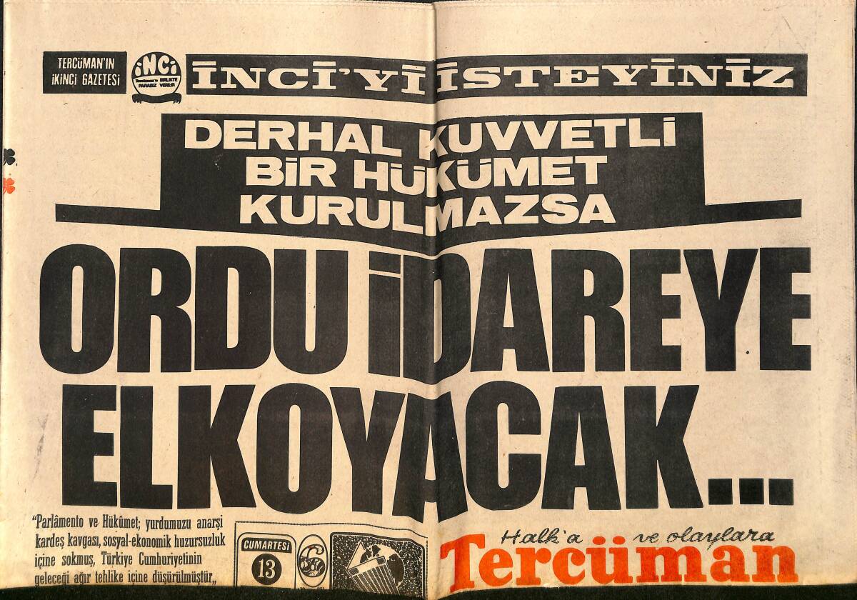 Tercüman Gazetesi 13 Mart 1971 - Derhal Kuvvetli Bir Hükümet Kurulmazsa Ordu İdareye El Koyacak... GZ157927 - 1