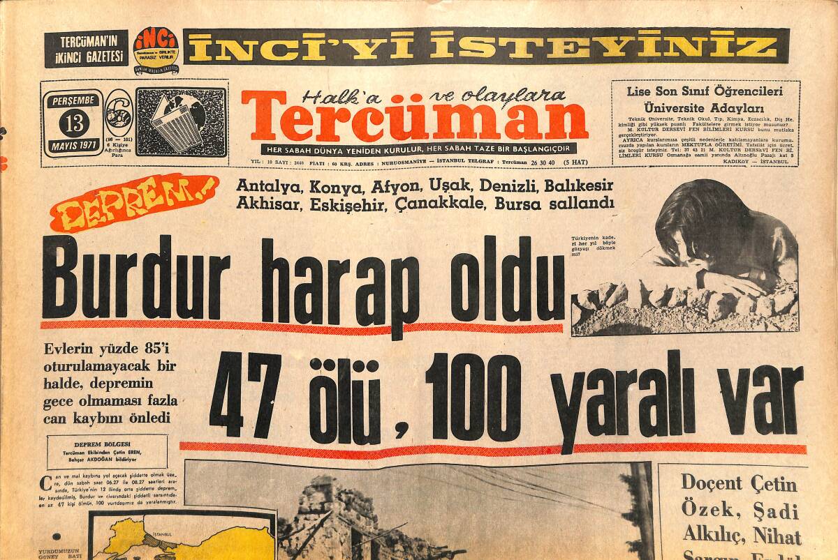 Tercüman Gazetesi 13 Mayıs 1971 - Burdur Harap Oldu - Bursaspor Finalde - Fenerbahçe'de Teknik Direktör Kavgası GZ141789 - 1