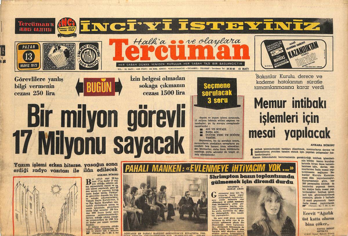 Tercüman Gazetesi 13 Mayıs 1973 - Türkiye'de Her Doktora Yarım Hemşire Düşüyor - Memur İntibakı İşlemleri İçin Mesai Yapacak GZ145072 - 1