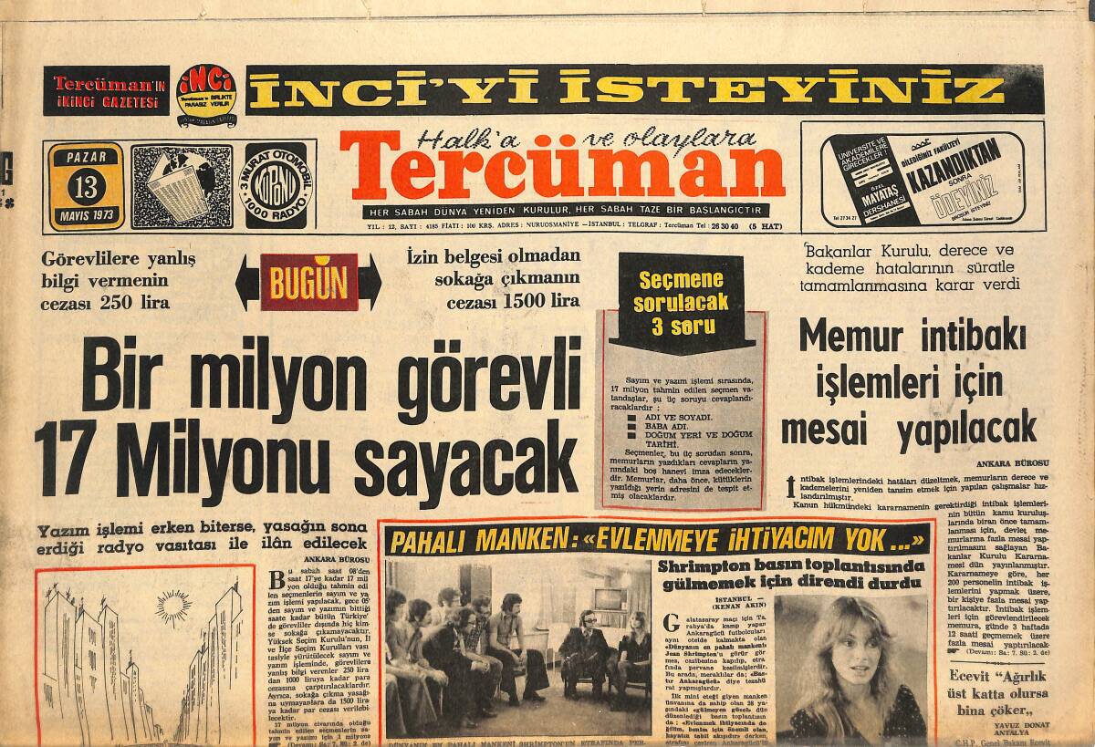 Tercüman Gazetesi 13 Mayıs 1973 - Türkiye'de Her Doktora Yarım Hemşire Düşüyor - Memur İntibakı İşlemleri İçin Mesai Yapacak GZ145076 - 1