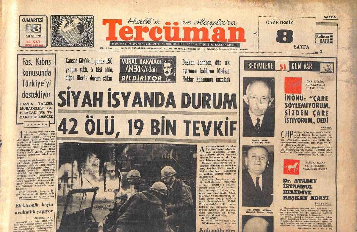 Tercüman Gazetesi 13 Nisan 1968 - Fakir Hasta Kılığına Giren Müfettiş Kapı Dışarı Edildi - Yaralı Beşiktaş Göztepe Karşısında! GZ146042 - 1