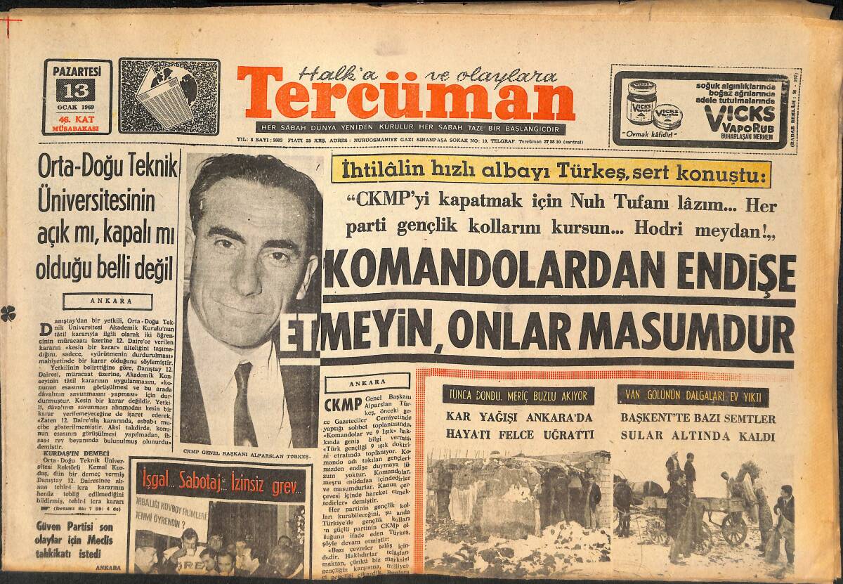 Tercüman Gazetesi 13 Ocak 1969 - Singer Fabrikasında 10 Milyonluk Hasar Var - İstanbul Opera Binası Nihayet Kapılarını Açıyor! GZ146132 - 1