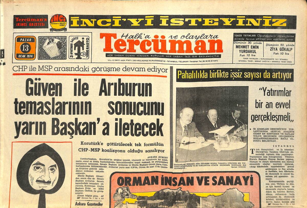 Tercüman Gazetesi 13 Ocak 1974 - Bu Yıl Türkiyede Uçak İmali İçin Faaliyete Geçilecek GZ144528 - 1