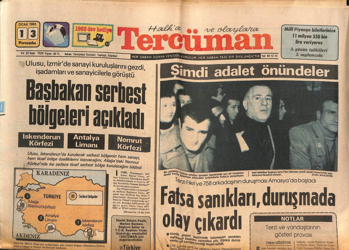 Tercüman Gazetesi 13 Ocak 1983 - İtalya , Amerika'ya Ağca Raporu Verecek - TARİŞ Sanıklarından 4'ü Ömür Boyu Hapse Çarptırıldı GZ134591 - 1