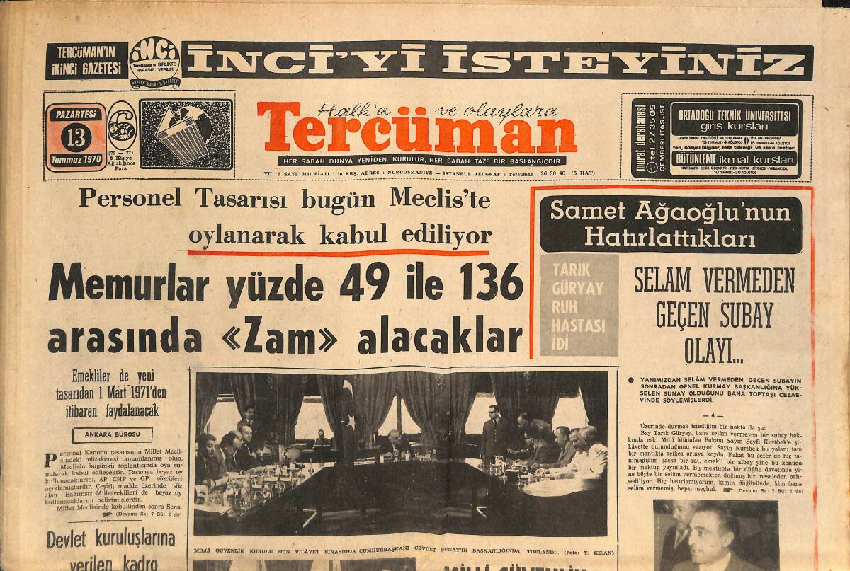 Tercüman Gazetesi 13 Temmuz 1970 - Selam Vermeden Geçen Subay Olayı - Dünya Güzelliğini Puerto Rico'lu Güzel Kazandı! GZ145814 - 1