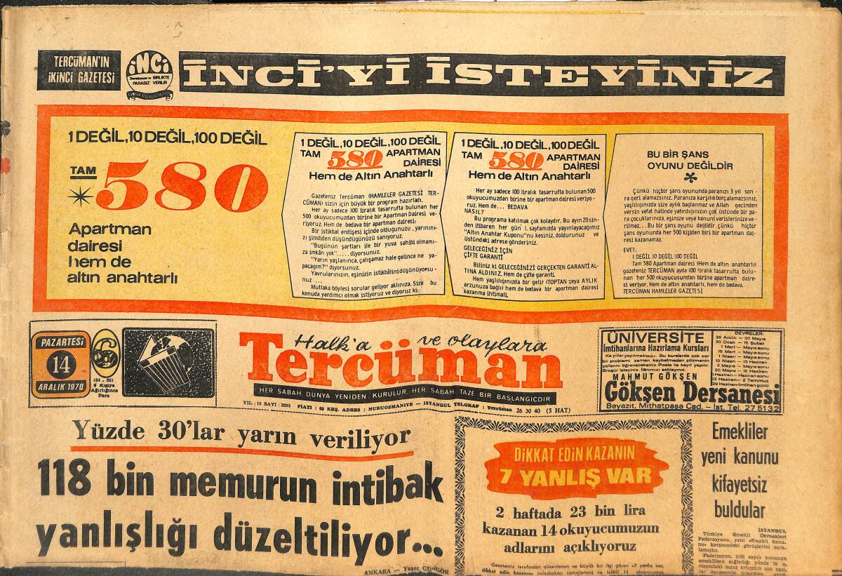 Tercüman Gazetesi 14 Aralık 1970 - Ankara Kapıcıları Yarın Greve Başlıyor GZ144551 - 1