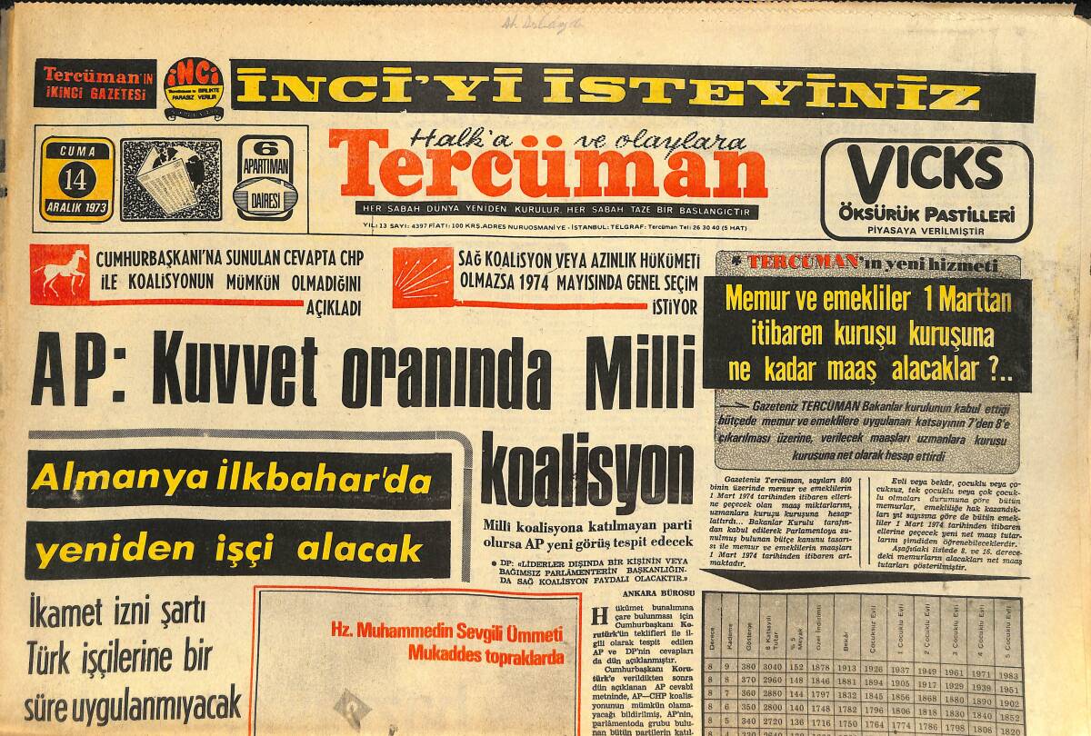 Tercüman Gazetesi 14 Aralık 1973 - AP: Kuvvet Oranında Milli Koalisyon - Didi Hem Sevinçli Hem Üzgün: Turu Kazandık Ama Selahattin'i Kaybettik! GZ145717 - 1