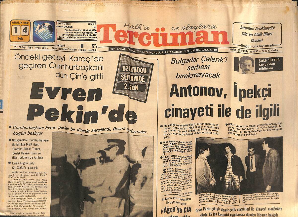 Tercüman Gazetesi 14 Aralık 1982 - Antonov,İpekçi Cinayeti İle De İlgili - Evren Pekin'de GZ134418 - 1