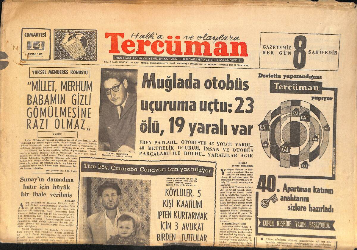 Tercüman Gazetesi 14 Ekim 1967 - Asal CHP Ciddi Muhalefet Değildir - Fenerbahçe'yi Altay Kulübü Başkanı Karşıladı! GZ145235 - 1