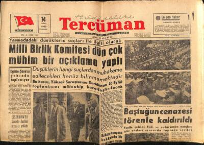 Tercüman Gazetesi 14 Eylül 1960 - Baştuğun Cenazesi Törenle Kaldırıldı GZ67531 - 2