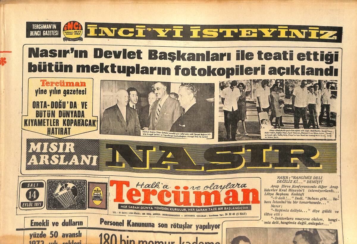 Tercüman Gazetesi 14 Eylül 1971 - Nasır'ın Devlet Başkanları İle Teati Ettiği Bütün Mektupların Fotokopileri Açıklandı GZ145583 - 1