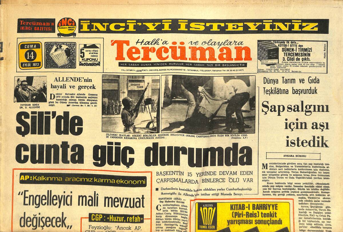 Tercüman Gazetesi 14 Eylül 1973 - Şili'de Cunta Güç Durumda - Eusebio, Avrupa Kupasında Oynayacak GZ144564 - 1
